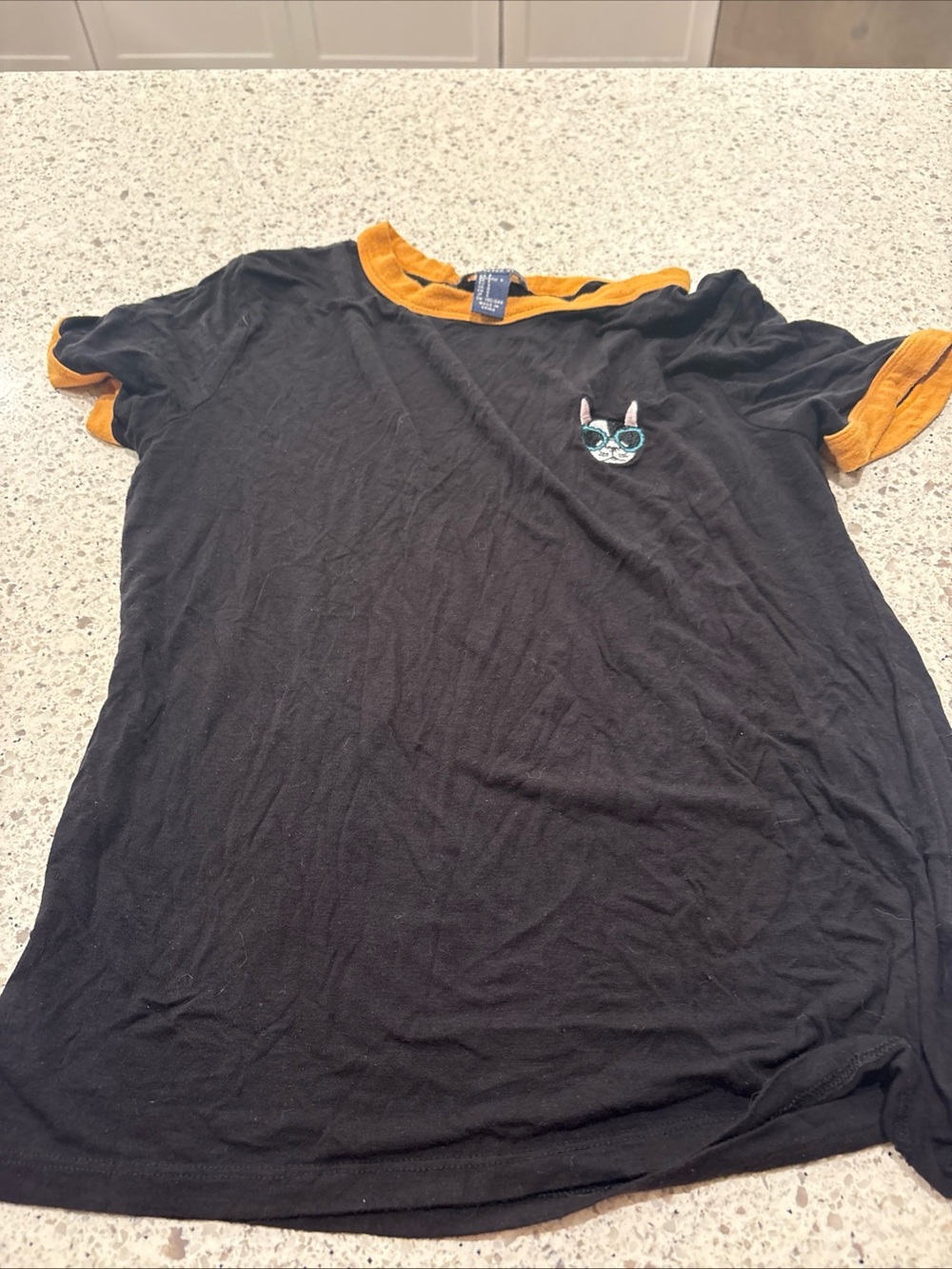 Forever 21 Black T-shirt with Yellow Trim and Cat Patch